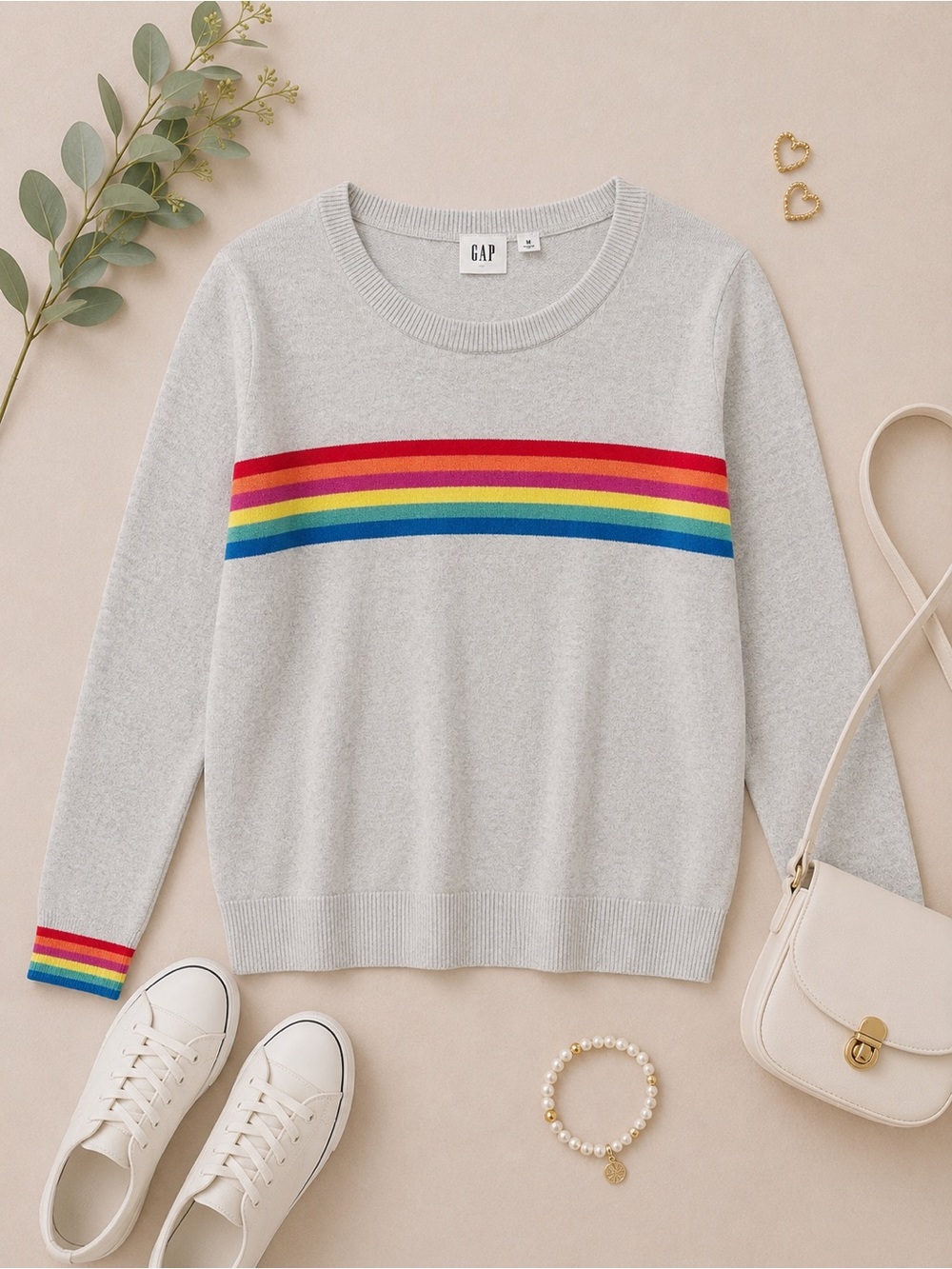 GAP Gray Rainbow Stripe Crewneck Sweater Size Medium